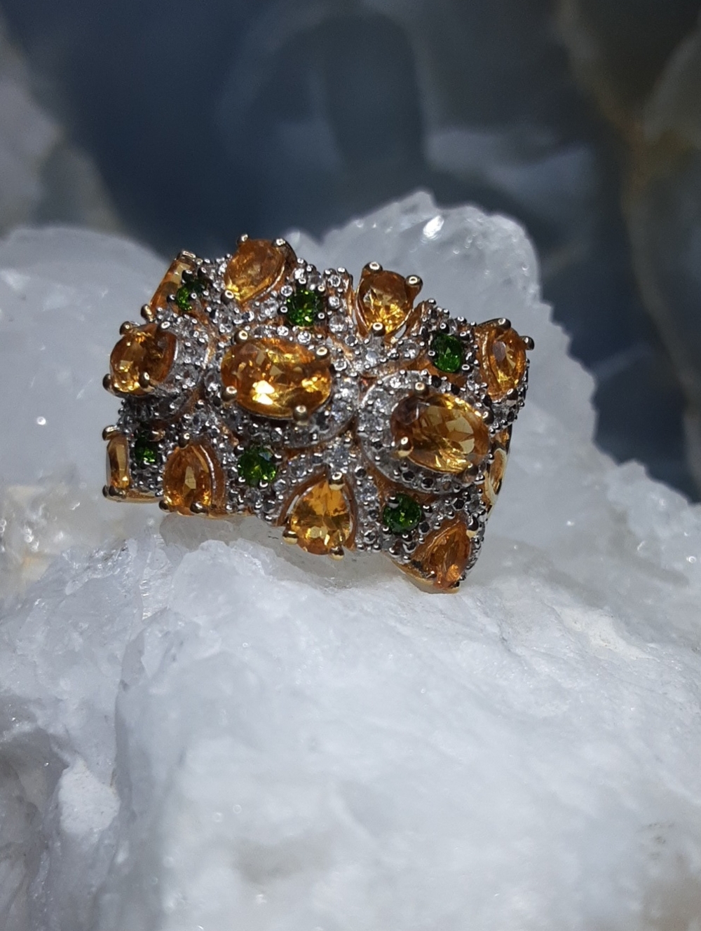 925 Genuine Citrine, Chrome Diopside Ring.
